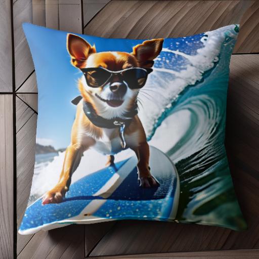 サングラス チワワ サーフボード 波 青空 太陽 クッションカバー 45×45cm アニマル柄 おしゃれ 可愛い クッション本体付き 正方形 犬フ..