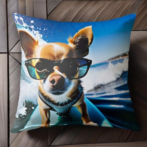 サーフボード チワワ サングラス 海 波 クッションカバー 45×45cm アニマル柄 おしゃれ 可愛い クッション本体付き 正方形 犬ファン