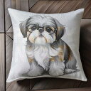 メガネ シーズー かわいい 白と茶色の毛 クッションカバー 45×45cm アニマル柄 おしゃれ 可愛い クッション本体付き 正方形 犬ファン