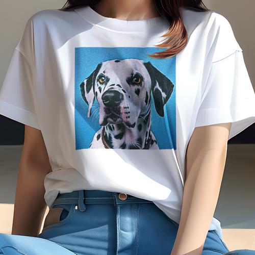Tシャツ レディース 犬ファン 半袖 春夏 犬柄 プリント カジュアル かわいい 人間用 フィットネス ダンス 青背景 ダルメシアン スポット模様