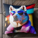 サングラス シベリアンハスキー ピンクのコート ネオン クッションカバー 45×45cm アニマル柄 おしゃれ 可愛い クッション本体付き 正方形 犬ファン