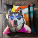 サングラス シベリアンハスキー 夜景 ピンクのコート 派手 クッションカバー 45×45cm アニマル柄 おしゃれ 可愛い クッション本体付き 正方形 犬ファン