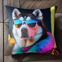 サングラス ハスキー ネオン 毛皮のコート クッションカバー 45×45cm アニマル柄 おしゃれ 可愛い クッション本体付き 正方形 犬ファン