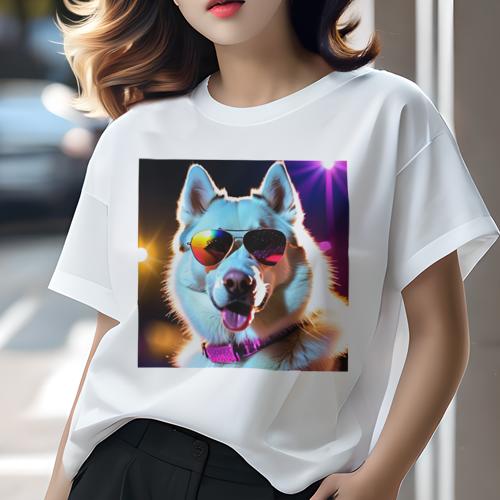 Tシャツ レディース 犬ファン 半袖 春夏 犬柄 プリント カジュアル かわいい 人間用 フィットネス ダンス サングラス シベリアンハスキー 夜 光 カラフル Tシャツ レディース 犬ファン 半袖 春夏 犬柄 プリント カジュアル かわいい 人間用 フィットネス ダンス サングラス シベリアンハスキー 夜 光 カラフル