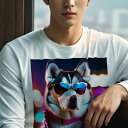 長袖Tシャツ 人間用 メンズ 秋春夏 プリント レジャー アウトドア カジュアル かわいい 犬ファン サングラス シベリアンハスキー キラキラ 夜景(4)