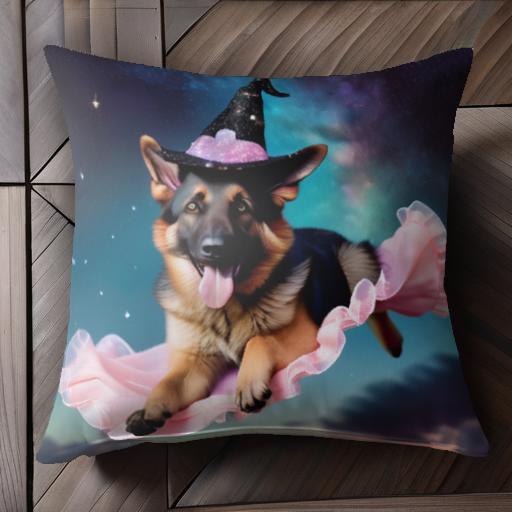 魔女の帽子 ジャーマンシェパードドッグ ピンクのスカート 夜空 星空 クッションカバー 45×45cm アニマ..