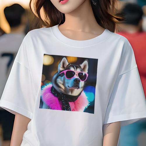 Tシャツ レディース 犬ファン 半袖 春夏 犬柄 プリント カジュアル かわいい 人間用 フィットネス ダンス サングラス シベリアンハスキー ピンクの首輪 黒のスカーフ 夜の街 Tシャツ レディース 犬ファン 半袖 春夏 犬柄 プリント カジュアル かわいい 人間用 フィットネス ダンス サングラス シベリアンハスキー ピンクの首輪 黒のスカーフ 夜の街