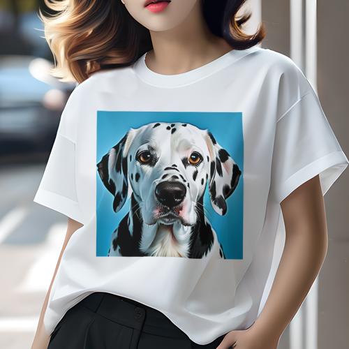 Tシャツ レディース 犬ファン 半袖 春夏 犬柄 プリント カジュアル かわいい 人間用 フィットネス ダンス 青い背景 ダルメシアン 温和な表情 可愛い犬 忠実な仲間 犬の顔