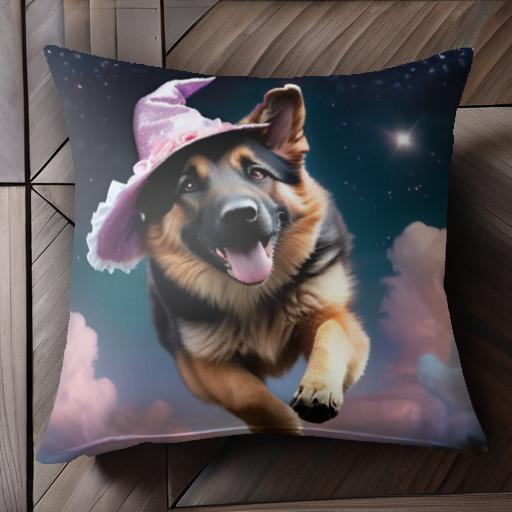 魔女の帽子 ジャーマンシェパードドッグ 夜空 星 雲 ファンタジー クッションカバー 45×45cm アニマル柄 おしゃれ 可愛い クッション本体付き 正方形 犬ファン