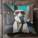 サングラス ボルゾイ コート スカーフ 都市 建物 クッションカバー 45×45cm アニマル柄 おしゃれ 可愛い クッション本体付き 正方形 犬ファン