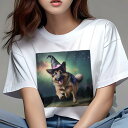 Tシャツ レディース 犬ファン 半袖 春夏 犬柄 プリント カジュアル かわいい 人間用 フィットネス ダンス 魔法使いの帽子 ジャーマンシェパードドッグ 星空 ファンタジー 幸せな犬(4)