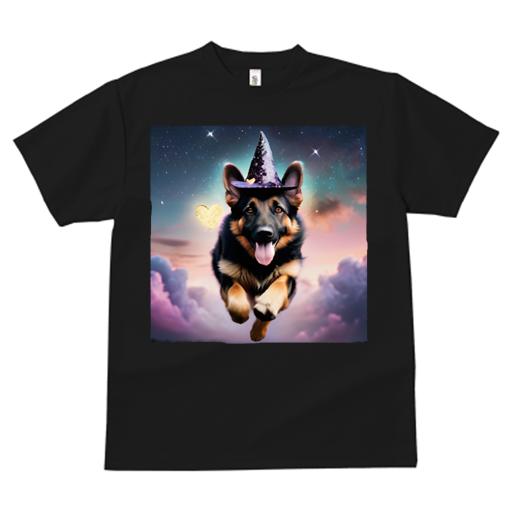 Tシャツ レディース 犬ファン 半袖 春夏 犬柄 プリント カジュアル かわいい 人間用 フィットネス ダンス 魔法の帽子 ジャーマンシェパードドッグ 星 ハート