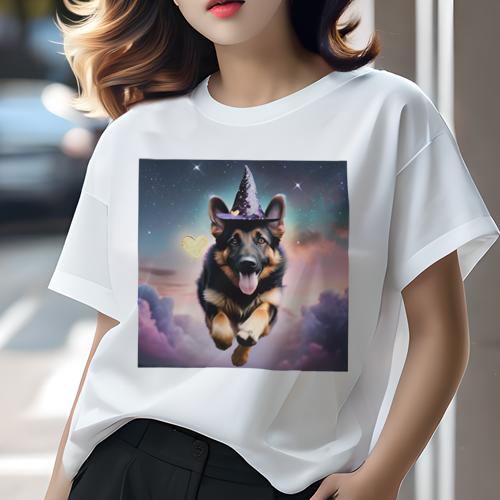 Tシャツ レディース 犬ファン 半袖 春夏 犬柄 プリント カジュアル かわいい 人間用 フィットネス ダンス 魔法の帽子 ジャーマンシェパードドッグ 星 ハート Tシャツ レディース 犬ファン 半袖 春夏 犬柄 プリント カジュアル かわいい 人間用 フィットネス ダンス 魔法の帽子 ジャーマンシェパードドッグ 星 ハート