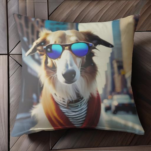 サングラス ボルゾイ スカーフ ストライプのシャツ 都市の背景 ビル クッションカバー 45×45cm アニマル柄 おしゃれ 可愛い クッション本体付き 正方形 犬ファン