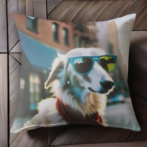サングラス ボルゾイ マフラー 街 建物 クッションカバー 45×45cm アニマル柄 おしゃれ 可愛い クッション本体付き 正方形 犬ファン