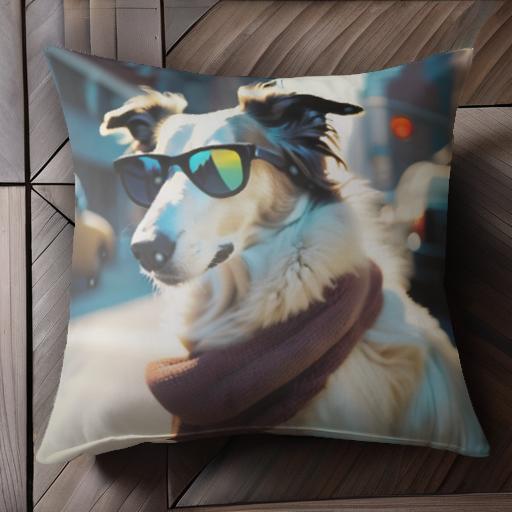 サングラス ボルゾイ 街 マフラー タクシー 建物 クッションカバー 45×45cm アニマル柄 おしゃれ 可愛い クッション本体付き 正方形 犬ファン