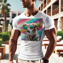 Tシャツ メンズ キッズ 犬ファン 半袖 春夏 犬柄 プリント カジュアル かわいい 人間用 フィットネス ダンス サングラス ボルゾイ 虹色背景 コート オシ...