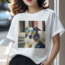 Tシャツ レディース 犬ファン 半袖 春夏 犬柄 プリント カジュアル かわいい 人間用 フィットネス ダンス サングラス ボーダーコリー コート