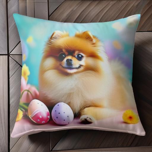 カラフルな背景 ポメラニアン イースターエッグ 花 可愛い 明るい色 クッションカバー 45×45cm アニマル柄 おしゃれ クッション本体付き 正方形 犬ファン