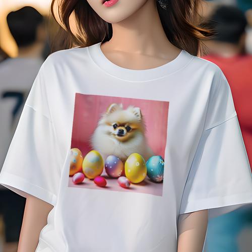 Tシャツ レディース 犬ファン 半袖 春夏 犬柄 プリント カジュアル かわいい 人間用 フィットネス ダンス イースターエッグ ポメラニアン ピンクの背景 Tシャツ レディース 犬ファン 半袖 春夏 犬柄 プリント カジュアル かわいい 人間用 フィットネス ダンス イースターエッグ ポメラニアン ピンクの背景