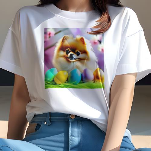 Tシャツ レディース 犬ファン 半袖 春夏 犬柄 プリント カジュアル かわいい 人間用 フィットネス ダンス カラフルな卵 ポメラニアン 桜の花