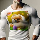 長袖Tシャツ 人間用 メンズ 秋春夏 プリント レジャー アウトドア カジュアル かわいい 犬ファン イースターエッグ ポメラニアン 花 芝生