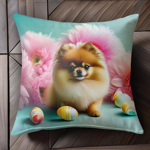 花 ポメラニアン イースターエッグ ピンクの花 デイジー クッションカバー 45×45cm アニマル柄 おしゃれ 可愛い クッション本体付き 正方形 犬ファン