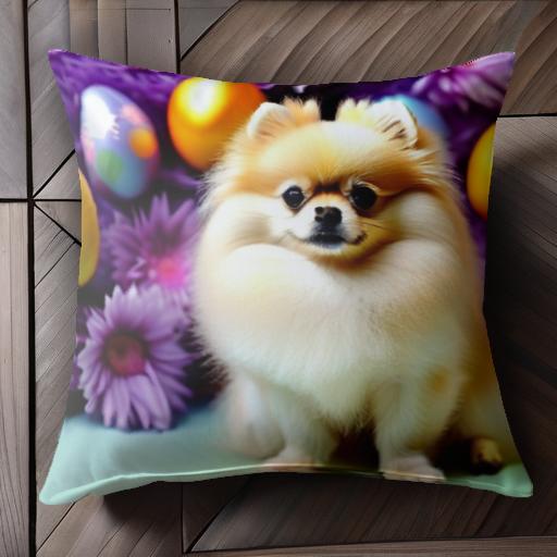 紫色の花 ポメラニアン 金色の卵 黄色の卵 青色の卵 クッションカバー 45×45cm アニマル柄 おしゃれ 可..