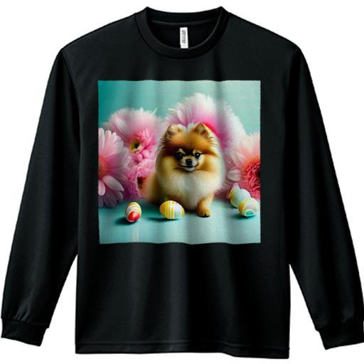 長袖Tシャツ 人間用 メンズ 秋春夏 プリント レジャー アウトドア カジュアル かわいい 犬ファン 花 ポメラニアン イースターエッグ ピンクの花 デイジー