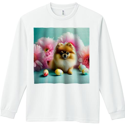 長袖Tシャツ 人間用 メンズ 秋春夏 プリント レジャー アウトドア カジュアル かわいい 犬ファン 花 ポメラニアン イースターエッグ ピンクの花 デイジー