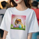 Tシャツ レディース 犬ファン 半袖 春夏 犬柄 プリント カジュアル かわいい 人間用 フィットネス ダンス 卵 ポメラニアン 草原 ピンクの背景 光(4)
