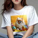 Tシャツ レディース 犬ファン 半袖 春夏 犬柄 プリント カジュアル かわいい 人間用 フィットネス ダンス カラフルな卵 ポメラニアン チューリップ