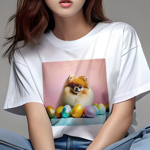 Tシャツ レディース 犬ファン 半袖 春夏 犬柄 プリント カジュアル かわいい 人間用 フィットネス ダンス イースターエッグ ポメラニアン カラフル 春 甘い雰囲気