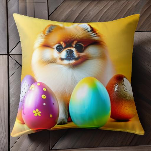 イースターエッグ ポメラニアン カラフルな卵 黄色い背景 クッションカバー 45×45cm アニマル柄 おしゃ..
