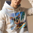 パーカー 人間用 メンズ 秋春夏 プリント レジャー ポケットレス プルオーバーパーカー カジュアル かわいい 犬ファン サーフィン チワワ サングラス 海 太陽(4)