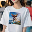 Tシャツ レディース 犬ファン 半袖 春夏 犬柄 プリント カジュアル かわいい 人間用 フィットネス ダンス サングラス チワワ サーフボード 波 海 青空(4)
