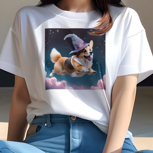 Tシャツ レディース 犬ファン 半袖 春夏 犬柄 プリント カジュアル かわいい 人間用 フィットネス ダンス 魔法使いの帽子 コーギー 星 夜空 雲 Tシャツ レディース 犬ファン 半袖 春夏 犬柄 プリント カジュアル かわいい 人間用 フィットネス ダンス 魔法使いの帽子 コーギー 星 夜空 雲