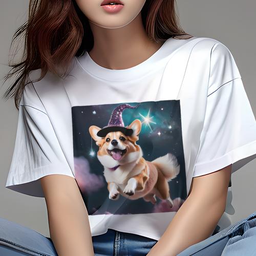Tシャツ レディース 犬ファン 半袖 春夏 犬柄 プリント カジュアル かわいい 人間用 フィットネス ダンス 魔法の帽子 コーギー 星 夜空 雲