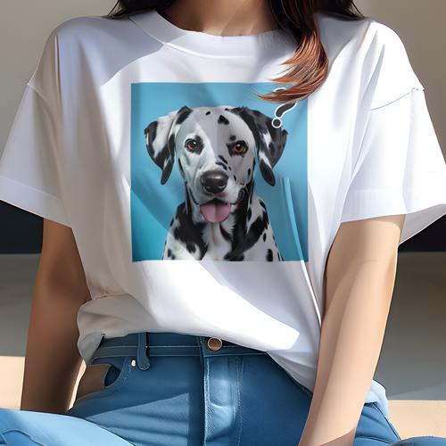 Tシャツ レディース 犬ファン 半袖 春夏 犬柄 プリント カジュアル かわいい 人間用 フィットネス ダンス クエスチョンマーク ダルメシアン 青い背景 可愛い