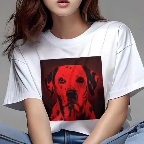 Tシャツ レディース 犬ファン 半袖 春夏 犬柄 プリント カジュアル かわいい 人間用 フィットネス ダンス 赤 ダルメシアン 鮮やか ポートレート インパクト