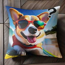 サングラス ウェルシュコーギー 波 海岸 ビーチ クッションカバー 45×45cm アニマル柄 おしゃれ 可愛い クッション本体付き 正方形 犬ファン