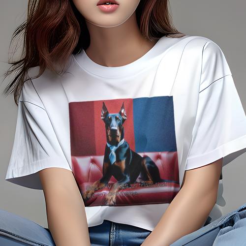 Tシャツ レディース 犬ファン 半袖 春夏 犬柄 プリント カジュアル かわいい 人間用 フィットネス ダンス ソファ ドーベルマン ネクタイ カラフル背景
