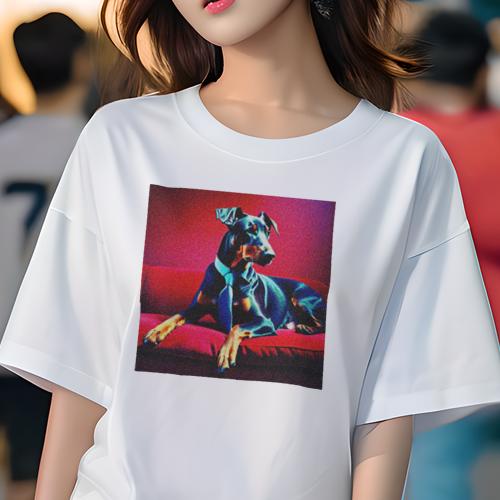 Tシャツ レディース 犬ファン 半袖 春夏 犬柄 プリント カジュアル かわいい 人間用 フィットネス ダンス ソファ ドーベルマン ネクタイ