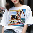 Tシャツ メンズ キッズ 犬ファン 半袖 春夏 犬柄 プリント カジュアル かわいい 人間用 フィットネス ダンス サーフボード コーギー 波 海 犬用ライフジャケット