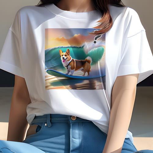 Tシャツ レディース 犬ファン 半袖 春夏 犬柄 プリント カジュアル かわいい 人間用 フィットネス ダンス サーフィン コーギー 波 ビーチ 夕日 シルエット