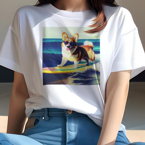 Tシャツ レディース 犬ファン 半袖 春夏 犬柄 プリント カジュアル かわいい 人間用 フィットネス ダンス サーフボード コーギー サングラス 波
