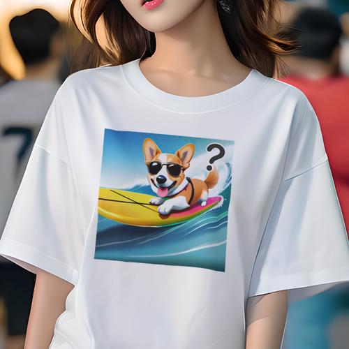 Tシャツ レディース 犬ファン 半袖 春夏 犬柄 プリント カジュアル かわいい 人間用 フィットネス ダンス サーフボード コーギー サングラス 海 夏(4)