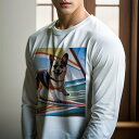 長袖Tシャツ 人間用 メンズ 秋春夏 プリント レジャー アウトドア カジュアル かわいい 犬ファン サーフボード コーギー 波 海 犬用ライフジャケット