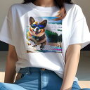 Tシャツ レディース 犬ファン 半袖 春夏 犬柄 プリント カジュアル かわいい 人間用 フィットネス ダンス サングラス ウェルシュコーギーペンブローク 海 波(4)