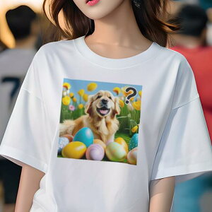 Tシャツ レディース 犬ファン 半袖 春夏 犬柄 プリント カジュアル かわいい 人間用 フィットネス ダンス 花 ゴールデンレトリバー イースターエッグ 草 青空 うれしい犬